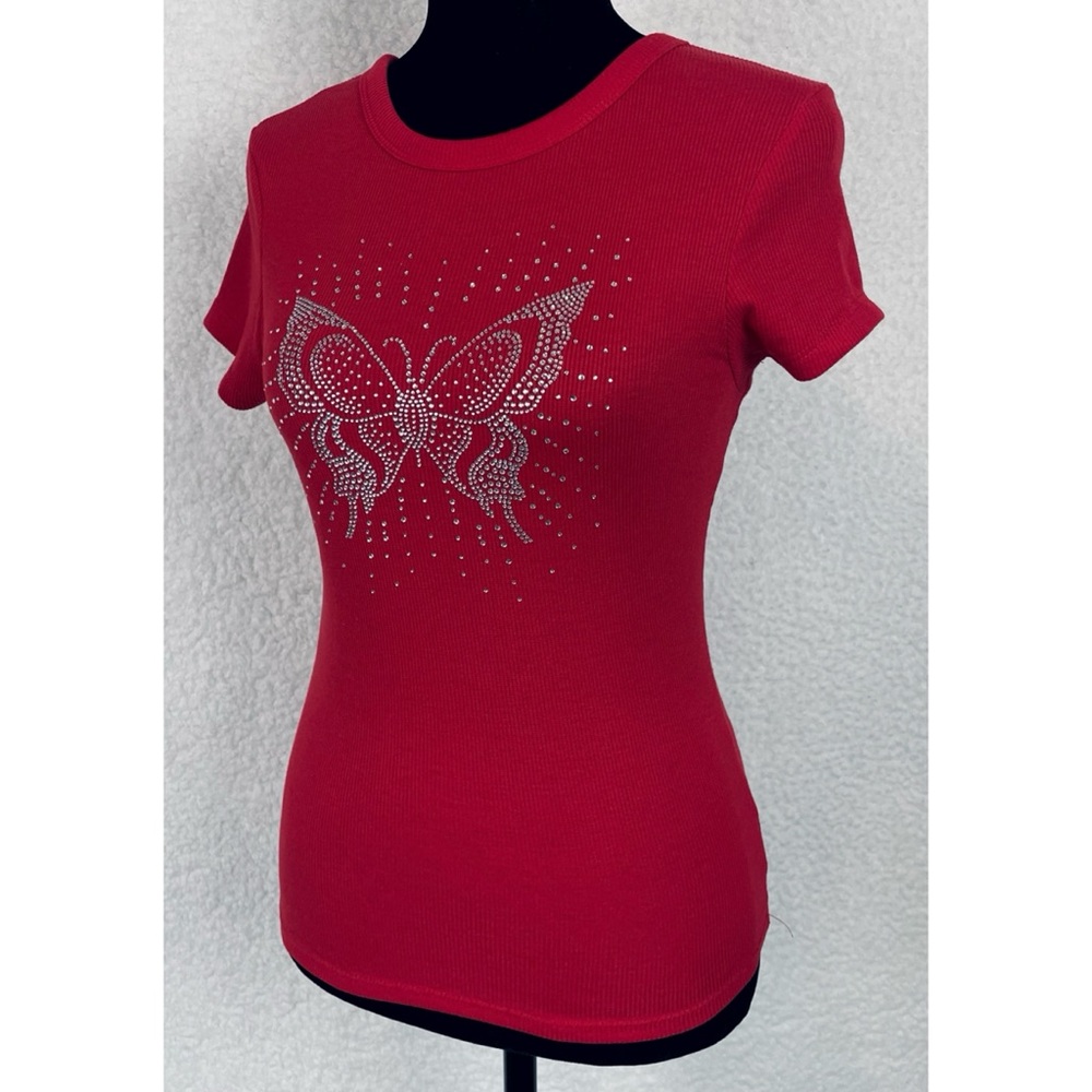 ORANGE KISS • Red/Silver Y2K Rhinestone Butterfly Ribbed Short Sleeve Tee, M - Picture 4 of 13
